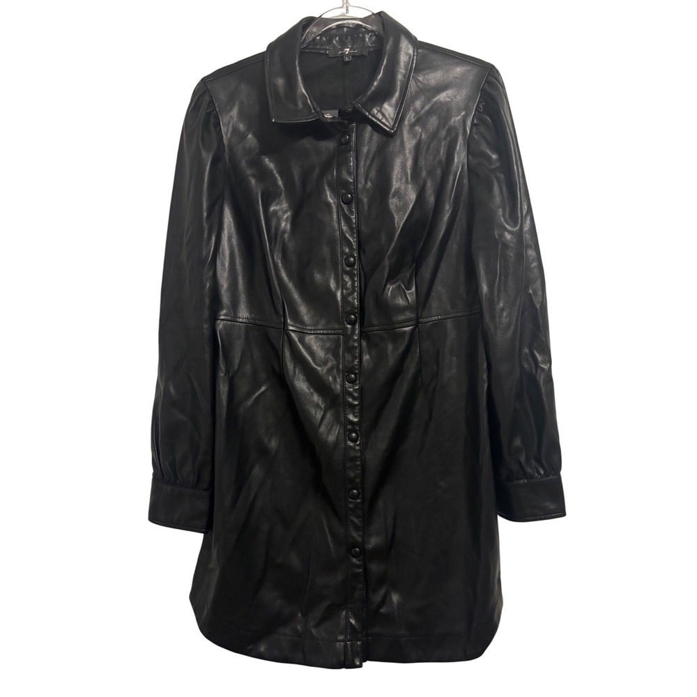 7 For All Mankind Black Vegan Leather Mini Shirt Dress Puff Sleeve Snap Front L